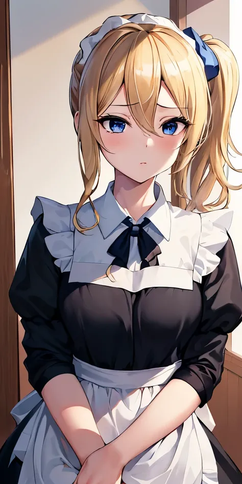 Masterpiece ,  top quality,  high definition ,  1 girl, hayasaka ai, Alone,  blonde hair ,  nudes,  blue eyes,   side ponytail ,  hair scrunchy,  hair ornament,  blue scrunchy,  hair between eyes , chest, sidelocks,  maid apron , translucent,  pussy