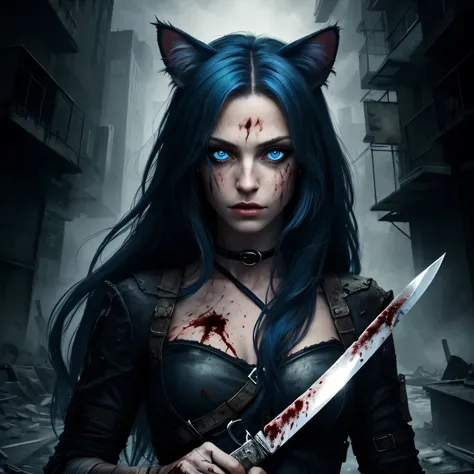 1woman with cat ears, blue eyes, long hair, holding bloody knife, dangerous, intricate background, post-apocalyptic 