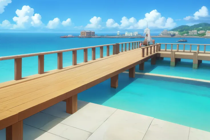 a dock with a view of the ocean, one piece, (wanostyle), a port, daytime