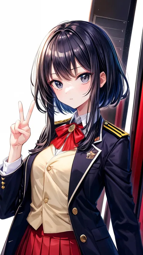 (( top quality)), (( Masterpiece  )), (  Details),  1 girl, Long Skirt,uniform, blazer, Empire of Japan, semi-long, black hair, black eyes,Slender but not too thin,男らShii,anime,KyoAni, is standing, has nothing , facing this way,Confident々,navy,Rin々Shii, bo...