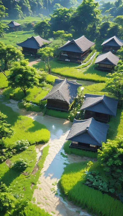 There was a man walking through a peaceful rice field.、The scene is set against a backdrop of quaint huts and vast rice fields.。Neatly lined rice seedlings stretch as far as the eye can see.、Drops of dew sparkle in the morning sun.。The pleasant aroma of fr...