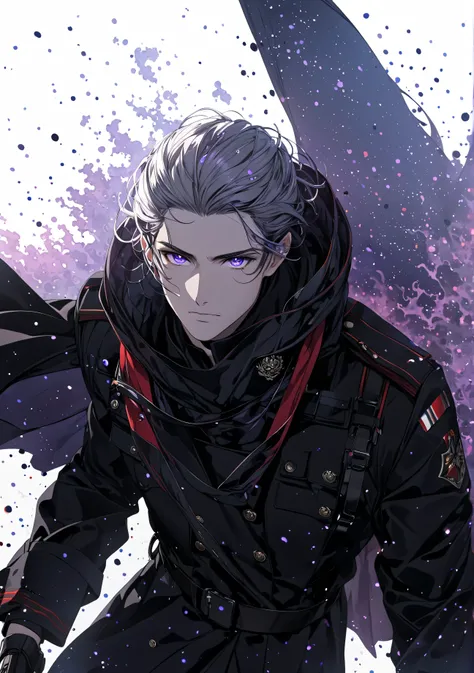 ((best quality)), ((masterpiece)), (detailed), 1man, handsome face, easy man, long black hair, detailed hair, purple pupils, detailed eyes, perfect face, 8k, high resolution, high quality, color gradation, purple light, black aura, blue particles, red-blac...