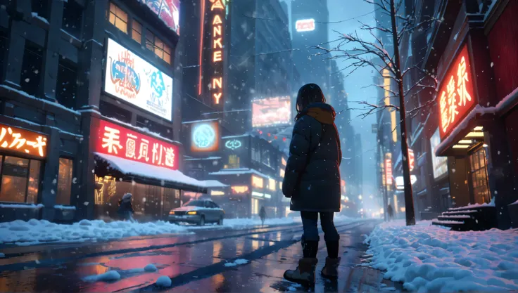 anime aestetics, snow falling on the city, cyberpunk aestetics, neon lights, wet ground, strong blizzard, powerful wind, next to the huge market building, early winter, first snow, huge snow flakes, storm, neon lights, ray tracing, empty streets, atmospher...