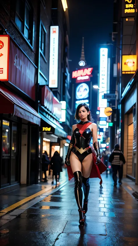 This image depicts an Indonesian superhero walking confidently through a bustling city street at night. The background features tall modern buildings adorned with colorful neon lights. The lively city is filled with people passing by, moving vehicles, and ...