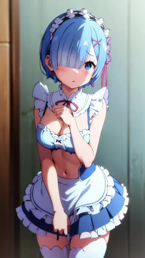 strap slip,  short hair to be shouldered、Blue Hair、、hair over one eye、、nsfw,Shop、 random poses 、 blushes、break (white and blue theme:1.4), (cute diner clerk costume:1.3), (short puff sleeve white crop top with plunking neckline:1.4), (ruffles on neckline:1...