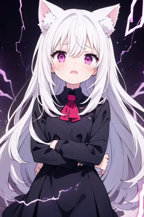  1 girl, Long white hair， cat girl，Cat ears，M bangs ，Pink Eye，torture　electricity　 distressed face