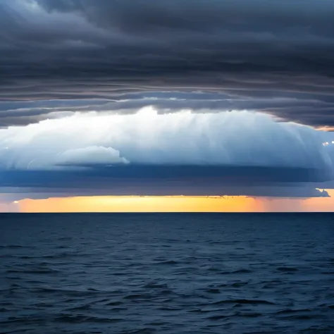 arafed cloud over the ocean with a boat in the distance, a picture by Maurice Esteve, shutterstock, romanticism, intimidating clouds, storm clouds, turbulent storm clouds, cumulonimbus, stormy clouds, stormy atmosphere, heavy clouds, giant clouds, stormclo...