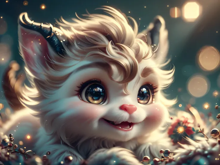 Magical Fantasy Creature, (Best Quality, Masterpiece, Representative Work, Official Art, Professional, Super Detailed, 8k:1.3), (Photorealism:1.2) Super Cute, Big Eyes, Soft, Soft Nose, Fluffy, Double-Toothed Smile, Aurorastyle, Highly detailed Dynamic sho...