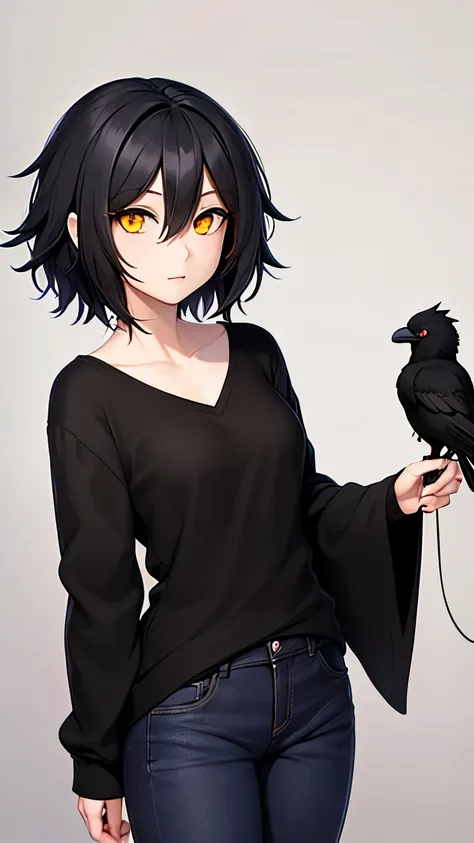 Anime Crow Female With Black Body, Black Hair, Yellow Eyes, Wearing Black Clothes
