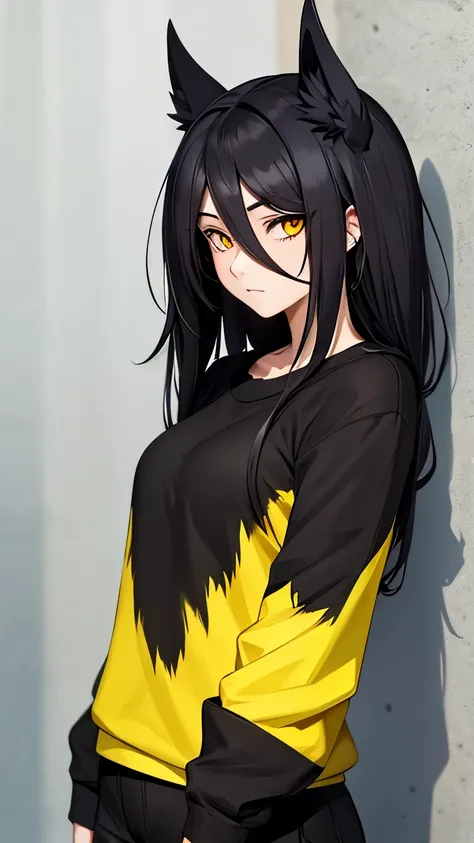 Anime Crow Female With Black Body, Black Hair, Yellow Eyes, Wearing Black Clothes
