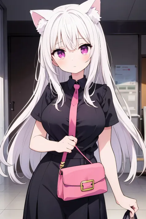  1 girl, Long white hair， cat girl，Cat ears，M bangs ，Pink Eye，Big Breasts　Less exposed　Hang it diagonally so that the bag is in the middle of the chest