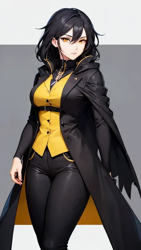 (work of art, Maximum quality, best qualityer, offcial art, beautiful and aesthetic:1.2) Anime Crow Female With Black Crow Wings, Black Body, Black Hair, Yellow Eyes, Wearing Black Cloak Clothing and Black Pants