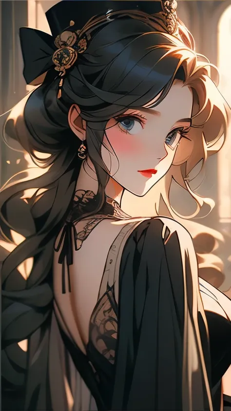 a close up of a woman in a black dress and hat, an anime drawing by Yang J, pixiv, rococo, victorian gothic lolita fashion, victorian lady, an elegant gothic princess, rococo fashion, fantasy victorian art, rococo queen, rococo cyberpunk, wearing an ornate...