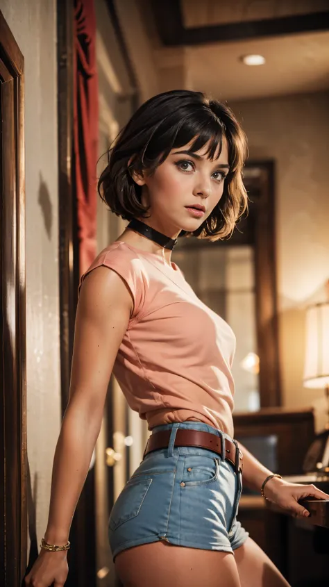 Natalya Varley from the Soviet film "Кавказская пленница", very beautiful, sweet, hot sexy model, bob haircut with bangs, brown eyes, perfect facial features, summer makeup, dimples on cheeks, very tanned dark skin, thin neck with slave choker, very beauti...