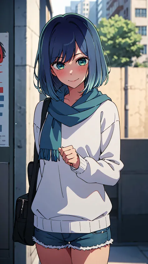 masterpiece, best quality, 1 girl, alone, smile, blushing, beautiful, white sweater, blue shorts, blue scarf, blue hair, short hair, looking at viewer, green eyes, short hair, faded hair, blue eyes, background theater