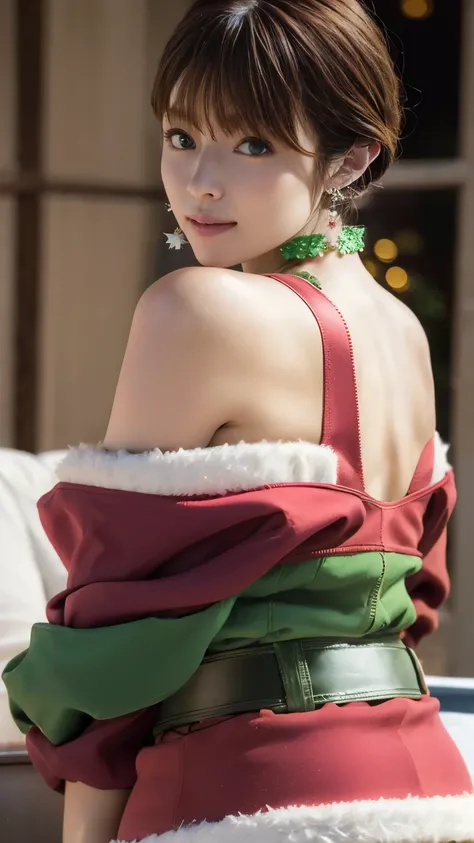 ((( Carefully depicting limbs based on perfect anatomy ))),(((Masterpiece , top quality,Award winning ,Full body 8K photo of a woman wearing a realistic green lady Santas shoulderless jacket and looking back in a miniskirt:1.5))),full body, shot with a DSL...