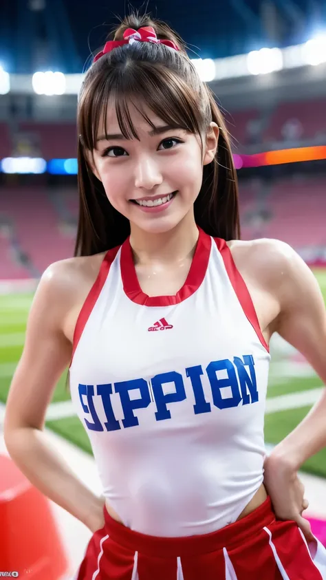 Cheerleader of Japan cheering in stadium, closeup, cosplay photo, large breasts, RAW photo, Best Quality, High Resolution, (Masterpiece), (Photorealistic:1.4), Professional Photography, Sharp Focus, HDR, 8K Resolution, Intricate Details, Depth of Field, Hi...