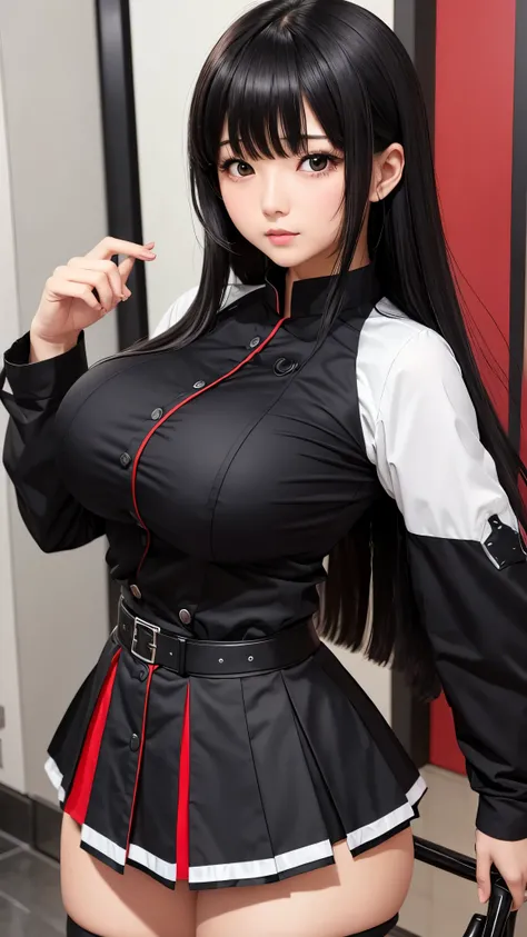 woman、Beautiful breasts、black髪、Heavy bangs、blackい瞳、 Combat Uniforms、 skirt、white、black、red、