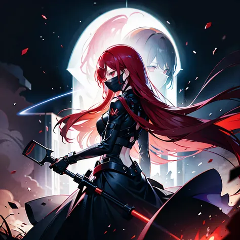 The silhouette of a young woman with long red hair,  holding a wrench. the face is covered with a dark veil. against the background of a hologram. Shes got her back to me.