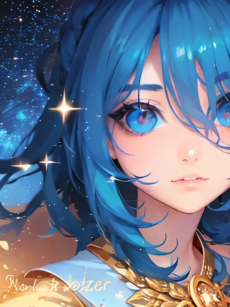 anime girl with stars and gold eyes and blue hair, stars in her eyes, stars in her gazing eyes, neoartcore and charlie bowater, stunning anime face portrait, golden shining eyes, starlit shining eyes, glowing magical eyes, beautiful celestial mage, magical...