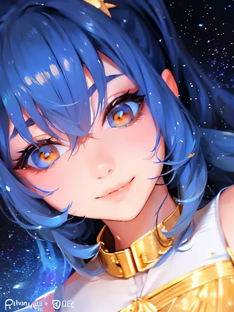 anime girl with stars and gold eyes and blue hair, an anime drawing by Yang J, pixiv contest winner, fantasy art, stars in her eyes, stars in her gazing eyes, neoartcore and charlie bowater, stunning anime face portrait, golden shining eyes, starlit shinin...