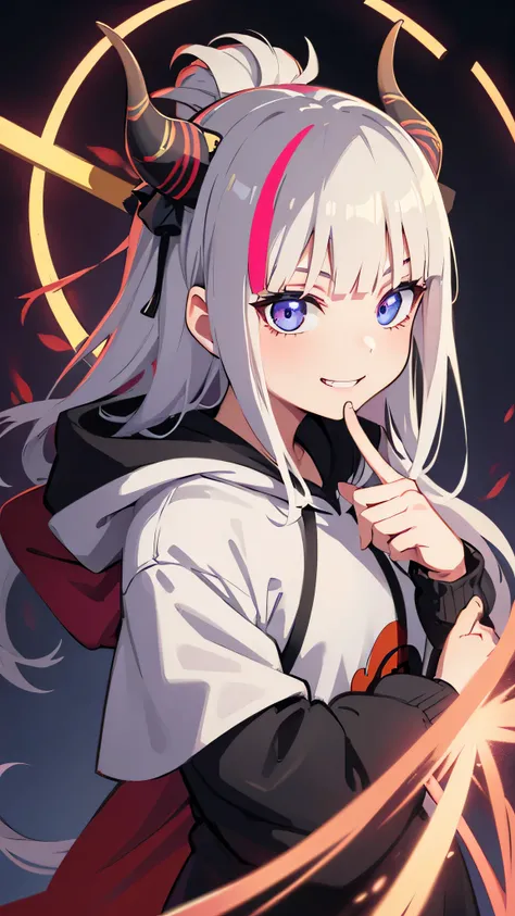  detailed background,  masterpiece ,  better quality , smile, nakiri ayame,  headband ,  horns of oni ,  white hair, twin buns, Ojos rojos, smile, hoodie,  portrait, neon, Painted, Dark, Evening,  glowing eyes , Blacklight