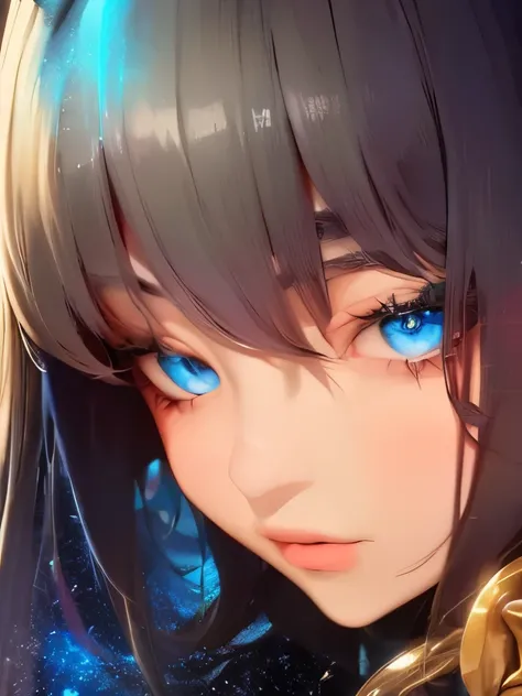 anime girl with stars and gold eyes and blue hair, stars in her eyes, stars in her gazing eyes, neoartcore and charlie bowater, stunning anime face portrait, golden shining eyes, starlit shining eyes, glowing magical eyes, beautiful celestial mage, magical...