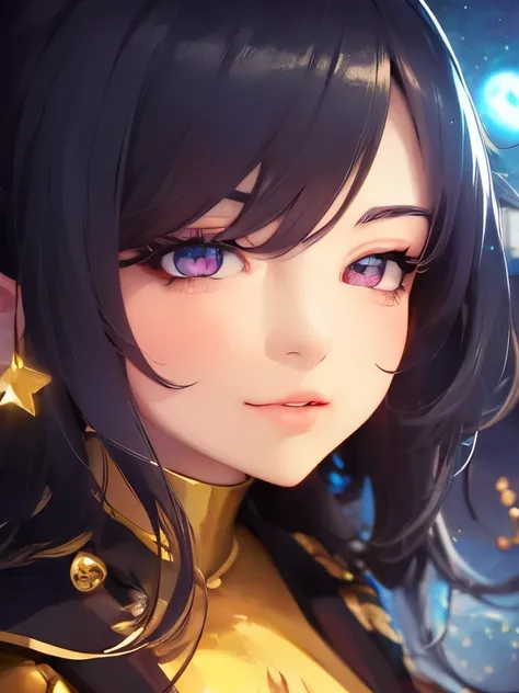 anime girl with stars and gold eyes and blue hair, an anime drawing by Yang J, pixiv contest winner, fantasy art, stars in her eyes, stars in her gazing eyes, neoartcore and charlie bowater, stunning anime face portrait, golden shining eyes, starlit shinin...