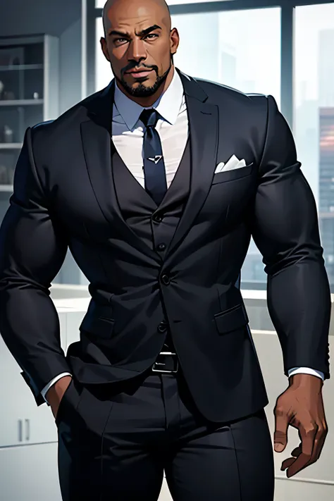 Very muscular and strong 2 meter tall black man wearing a suit with a shaved head and square chin 