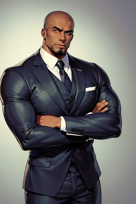 Very muscular and strong 2 meter tall black man wearing a suit with a shaved head and square chin 