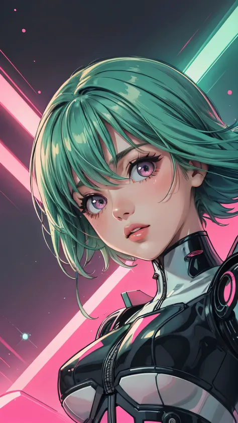 ((best quality)), ((masterpiece)), (detailed), perfect face of cyberpunk mecha japanese girl, neon pink eyes, neon green body, neon green hair, ((monochromatic neon pink, yellow, and green color palette)), surreal, art nouveau, in the illustrative style of...