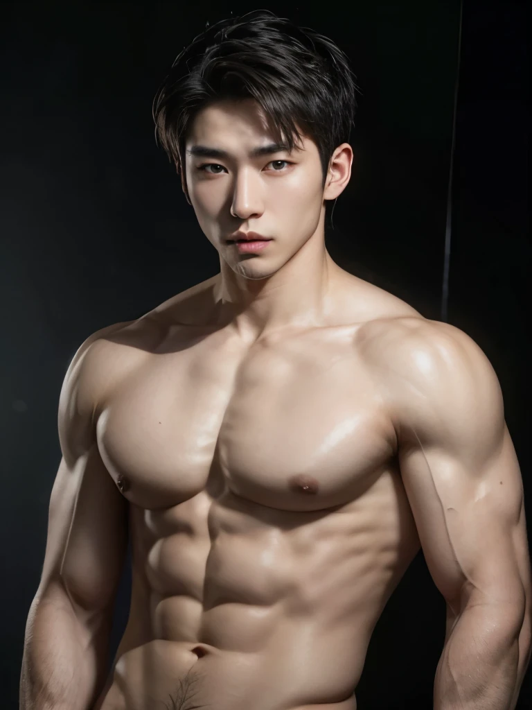 Sexy muscular Korean guy with bare abdomen 