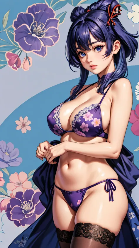 ganyu from, genshin impact, cute overload, massive , thick thighs, thigh highs, purple eyes, blue hair, hand drawn, retro anime, floral bikini top, finely detailed, purple floral background, ulzzang, looking at viewer, arms behind back, cleavage, underboob...