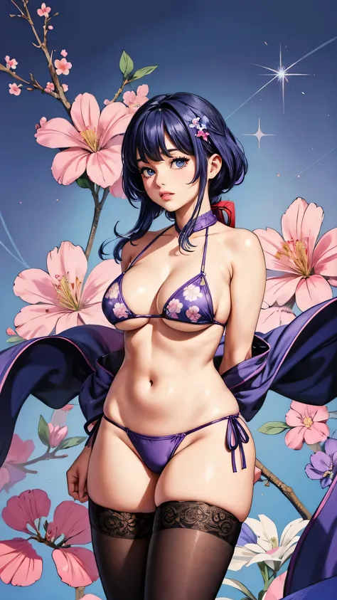 ganyu from, genshin impact, cute overload, massive , thick thighs, thigh highs, purple eyes, blue hair, hand drawn, retro anime, floral bikini top, finely detailed, purple floral background, ulzzang, looking at viewer, arms behind back, cleavage, underboob...