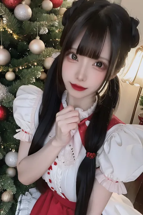 A lively, bright portrait of a young woman in a cute maids outfit. She has long dark hair pulled back in twin tails with straight bangs framing her face. Her outfit is a red dress with white puffy sleeves and lace accents, with a large red bow at the colla...