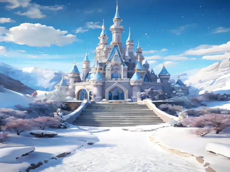  A close up of a castle in the snow with stairs.,  in the Disney animation style , castle background, beautiful castle,  the background is the Disneyland castle ,  Background of Disneyland , Disney concept art,   art in the style of an arafed Disney girl  ...