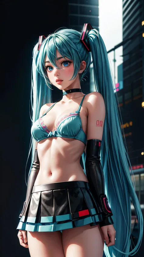 ((Hatsune Miku)), (heavy blushing), ((luminous design)), blue hair, blue eyes, seductive expression, (lewd), (ecchi), multicolored hair, underboob, (cyberpunk), (punk), big breasts, neon skirt, neon bra, choker, rave, wristband, sexy, submissive, ((natural...