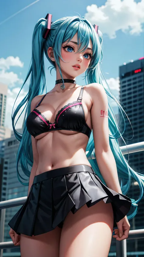 Hatsune Miku, heavy blushing, luminous design, blue hair, blue eyes, seductive expression, lmulticolored hair, underboob, cyberpunk, punk, big breasts, neon skirt, neon bra, choker, rave, wristband, sexy, submissive, natural lighting, ulzzang, kawaii, stan...