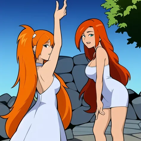 (masterpiece, best quality:1.2), 2girls, old darkdp, orange long hair, wearing white long dress, outdoor
