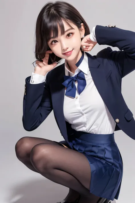  Max Image、HDR、Navy Blue Blazer、((Long tight skirt that hides the knee in plain navy blue ))、White blouse、((navy blue plain large bow tie))、((( black pantyhose)))、(( black loafers))、((A full-body photo of a crouching figure showing all the way to the feet)...