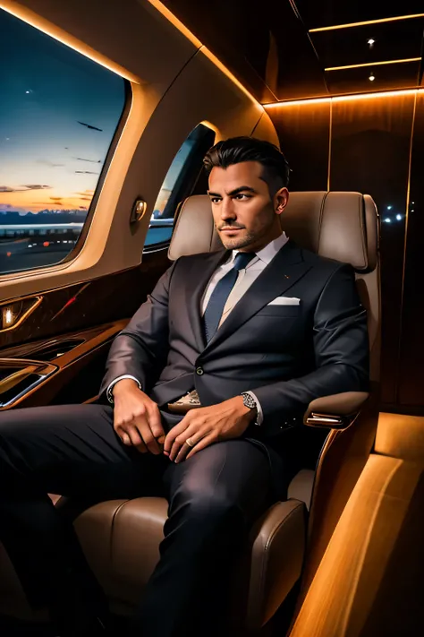 "A millionaire executive in a luxurious environment, dressed in a sophisticated suit. He is seated comfortably inside a state-of-the-art private jet with refined details in leather and polished wood. In the background, a luxury sports car is visible, parke...