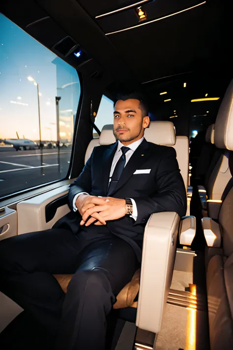 "A millionaire executive in a luxurious environment, dressed in a sophisticated suit. He is seated comfortably inside a state-of-the-art private jet with refined details in leather and polished wood. In the background, a luxury sports car is visible, parke...