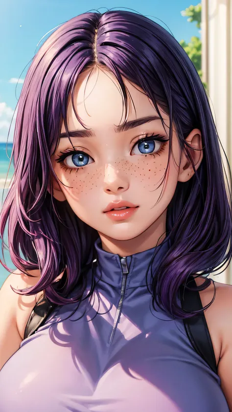 (masterpiece, highres, high resolution:1.2), anime 20 yo girl, portrait, shoulders up, illustration. drawn, violet hair woman, green eyes, blushing, solo, surprised, freckles, big lips, huge breasts, perfect body, wearing a tight crop top, no hands.