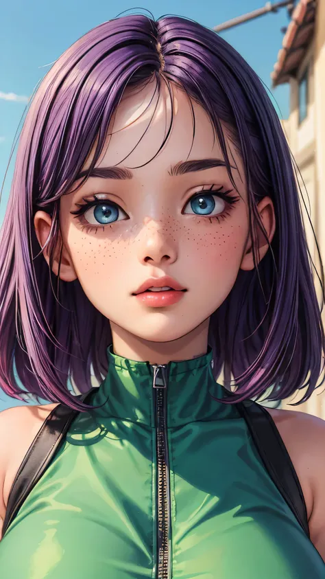 (masterpiece, highres, high resolution:1.2), anime 20 yo girl, portrait, shoulders up, illustration. drawn, violet hair woman, green eyes, blushing, solo, surprised, freckles, big lips, huge breasts, perfect body, wearing a tight crop top, no hands.