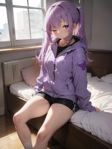 1animegirl, full body shot, medium long sad lilac hair, rain jacket, black slim mini shorts, bedroom, tired, leaning, eyes closed, cute, absurdres, high res, ultrasharp, 8K, masterpiece, touching her own leg