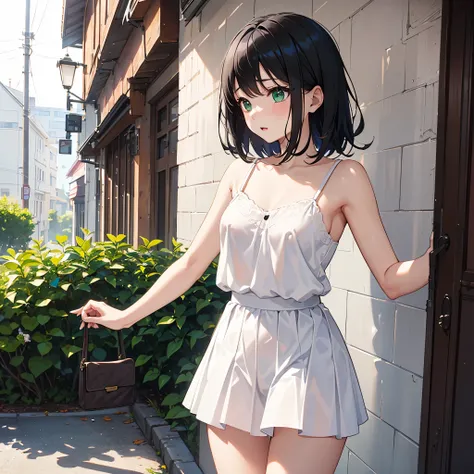 ((NSFW)),A very cute girl with black hair、Junior high school students、s、8k ultra high definition, Delicate texture,  medium hair、  white camisole 、Pastel green mini skirt、、Daytime