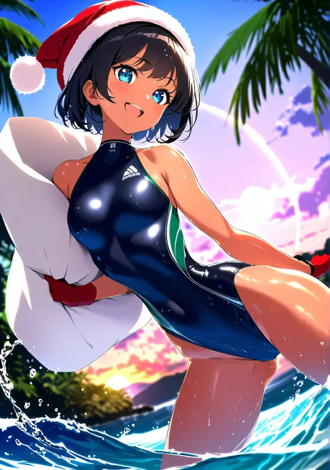 1 girl, Game CG, masterpiece, 8k, 
dynamic pose, happy smile, 
(Jetblack Hair, dark navy inner color, ((very short, short bangs)), blue eyes, Oval eyes, Clear and Captivating eyes,), 
(Competitive Swimsuit, Perfectly shaped competitive swimsuit, High Leg, ...