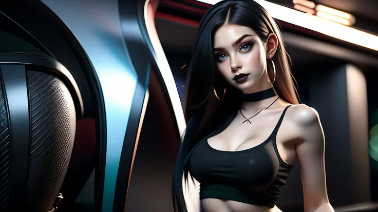 Best quality, 3d rendering work, 3DMM style, Close-up, Portrait,3D, 1girll, only, Black hair, earrings, looking at the camera, Realistic, Thin hips, Full body, thigh to head shot, ((sexy)), ((goth)), (panties), standing in front of a nightclub, city street...