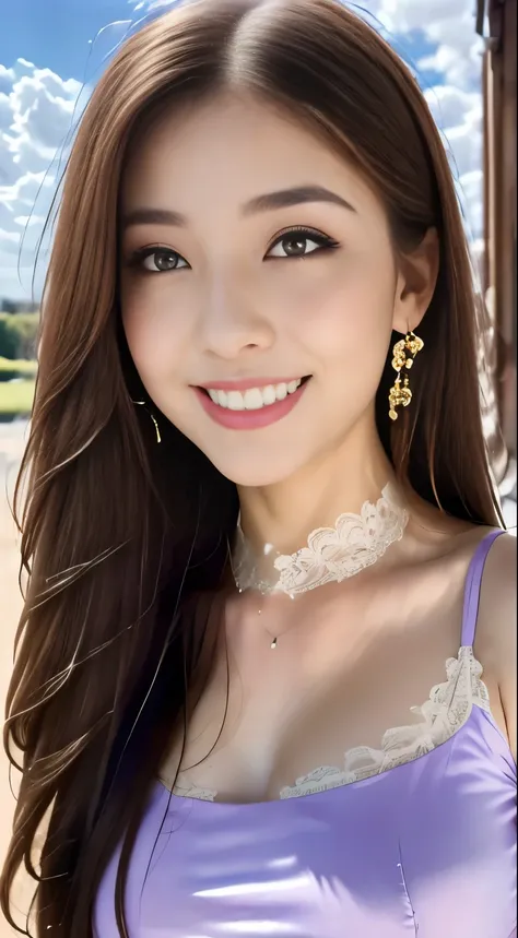  Masterpiece  ,  top quality,  top quality, ( intricate and detailed :1.2),   beautiful eyes ,  1 girl, Alone, Outdoor,  blue sky, cloudy, Bokeh,  lens flare, anamorphic  lens flare,  depth of field,  enchanting face ,  has an enchanting smile, {{heanna_vi...