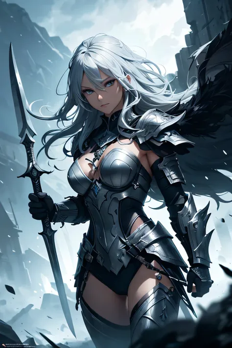 "8k, top quality, masterpiece:1.2, (realistic, photo-realistic:1.37), magnificent warrior with an immense aura of power, glowing black eyes, wielding two large battle axes with intricate details and sharp blades, white flowing hair, wearing a special war a...